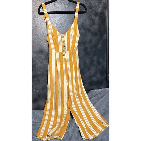 Cali 1850 Pants - Cali 1850 Mustard Yellow & White Striped Romper Linen Blend Sz S Jumpsuit tie
